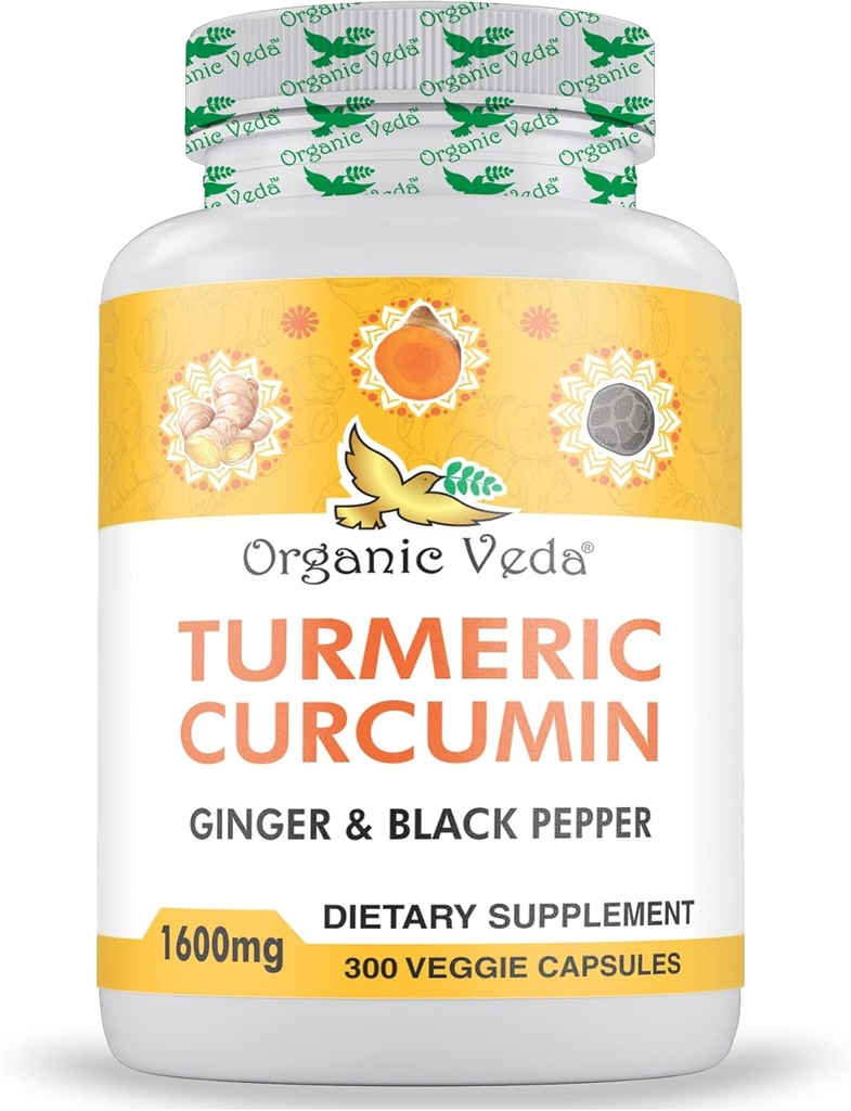 Organic Veda Turmeric and Ginger Capsules 300 Pills - Organic Turmeric Curcumin with Black Pepper for Joint Support - Non GMO, Gluten Free, Turmeric and Ginger Supplement (95% curcuminoids)
