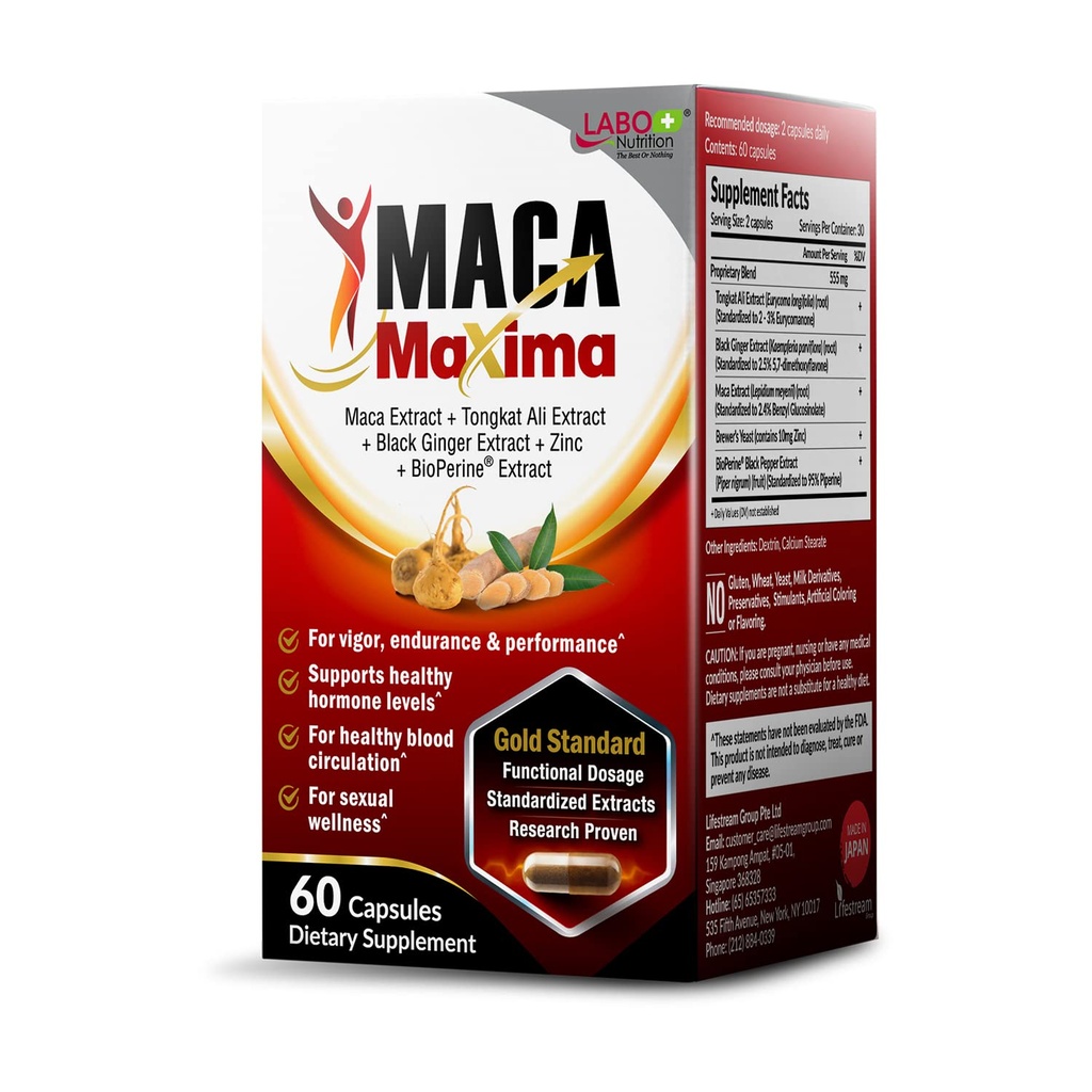 LABO Διατροφή MacaMaxima Περουβιανή ρίζα Maca, Tongkat Ali, μαύρο Τζίντζερ, ψευδάργυρος και μαύρο εκχύλισμα πιπεριού συμπλήρωμα για άνδρες και γυναίκες, υποστηρίζει την αναπαραγωγική υγεία, την ενέργεια, Stamina- μη-GMO, Vegan χάπια