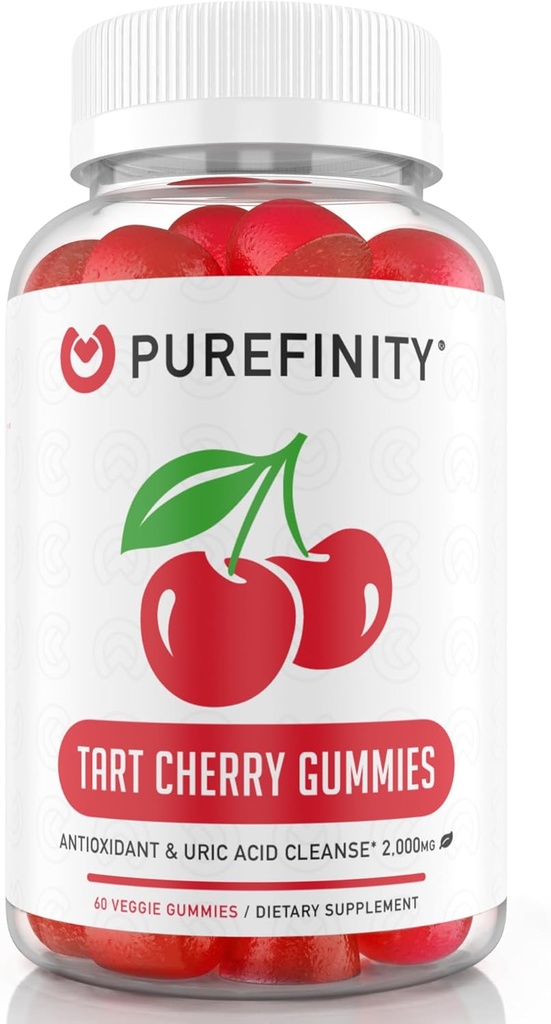 PUREFINITY Tart Cherry Gummies – Uric Acid Flush για κοινή ανακούφιση & ανάκτηση, εκχύλισμα ωμού χυμού Αντιοξειδωτικό – μη ΓΤΟ, Χωρίς γλουτένη, Vegan, 60 Count