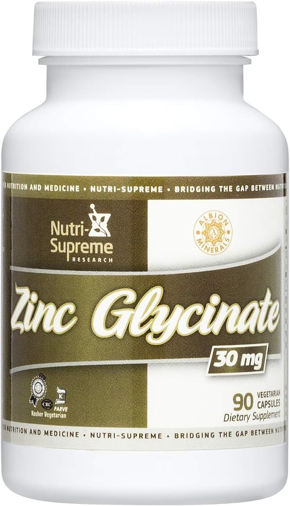 Γλυκινικός ψευδάργυρος Nutri- Supreme 30 mg - 90 Κάψουλες χορτοφαγικής - Δοκιμάζεται για Βέλτιστη Απορρόφηση και Ικανότητα - Βοηθά στην Υποστήριξη του Ανοσοποιητικού και Μεταβολισμού Υγεία - Συμπλήρωμα διατροφής