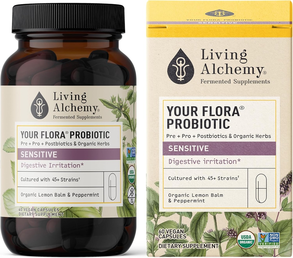 Gut Health Supplements - Your Flora Probiotic Sensitive with Fermented Soybean, Lemon Balm, Peppermint, & Prebiotics - Cleanse Detox for Men & Women - Vegan, Non-GMO - Living Alchemy, 60 Pcs