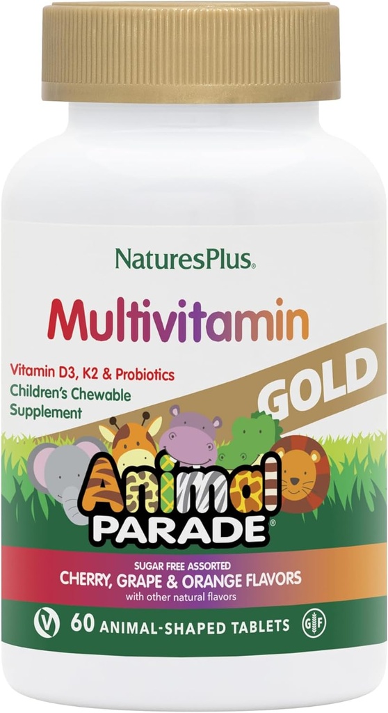 Natures Plus Animal Parade Source of Life Gold Children's Chewable Multivitamin - Assorted Cherry, Orange & Grape Flavors - 60 Chewable Tablets - Vegetarian, Gluten-Free - 30 Servings