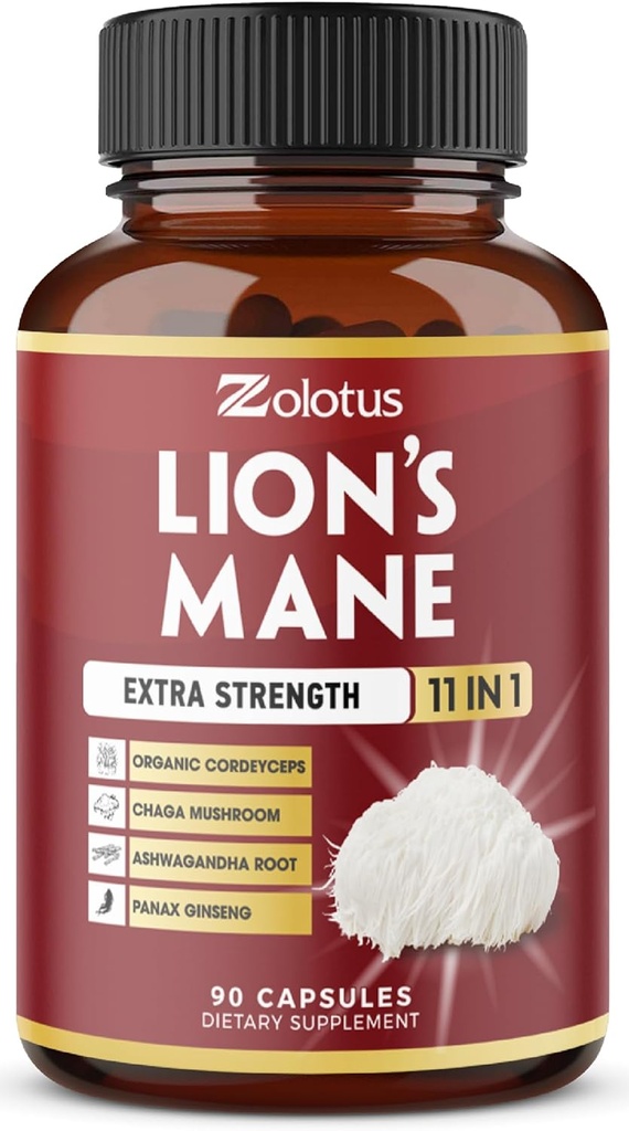 Zolotus 11 in 1 Lions Mane Mushroom Capsules, 3 Month Supply with Cordeyceps, Reishi, Ashwagandha, Panax Ginseng - 90 Capsules