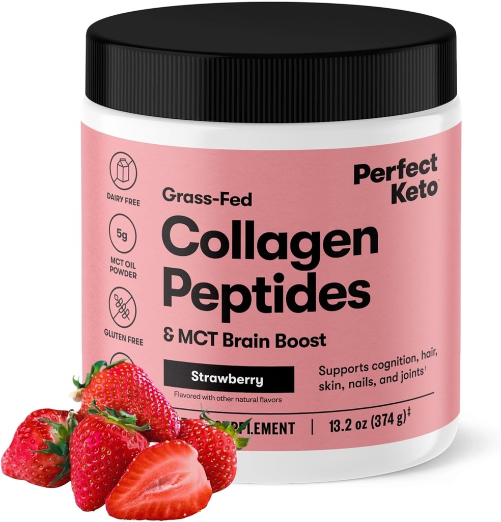 Perfect Keto Collagen Peptides Protein Peptides Σκόνη με MCT Oil, Hydrolyzed Collagen, Type I & III Συμπλήρωμα, Gluten Free Grass Fed, Low Carb, Keto Coffee Creamer, Collagen για γυναίκες & άνδρες, Φράουλα