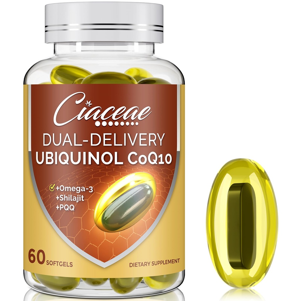 Ubiquinol CoQ10 600 MG Softgels με Omega-3 & Shilajit & PQQ, Advanced Dual-Delivery Coenzyme-Q10, Active CoQ10 Ubiquinol Supplement for Fertility, Antioxidant, Heart, Brain & Energy, 60 Services