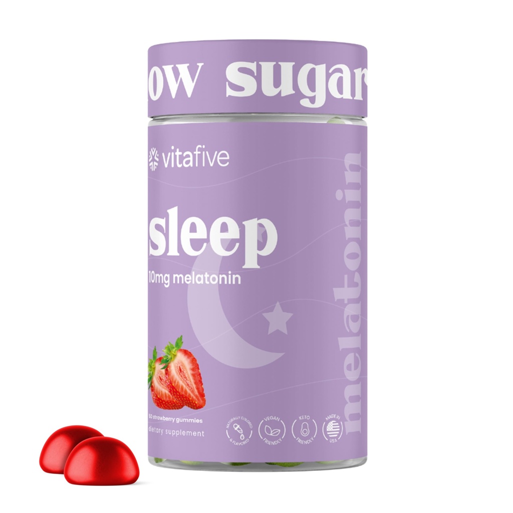 Vitafive Επιπλέον Δύναμη Μελατονίνη Gummies, 10 mg Μελατονίνη, Βοήθεια για τον Ύπνο για Ενήλικες, Χαμηλή Ζάχαρη, Vegan, Συμπλήρωμα Χωρίς Γλουτένη Μελατονίνης (50 Ct)
