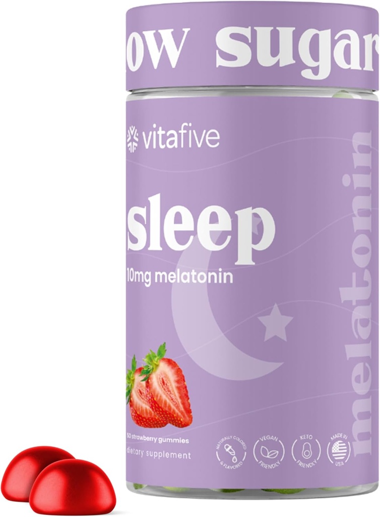 Vitafive Επιπλέον Δύναμη Μελατονίνη Gummies, 10 mg Μελατονίνη, Βοήθεια για τον Ύπνο για Ενήλικες, Χαμηλή Ζάχαρη, Vegan, Συμπλήρωμα Χωρίς Γλουτένη Μελατονίνης (50 Ct)