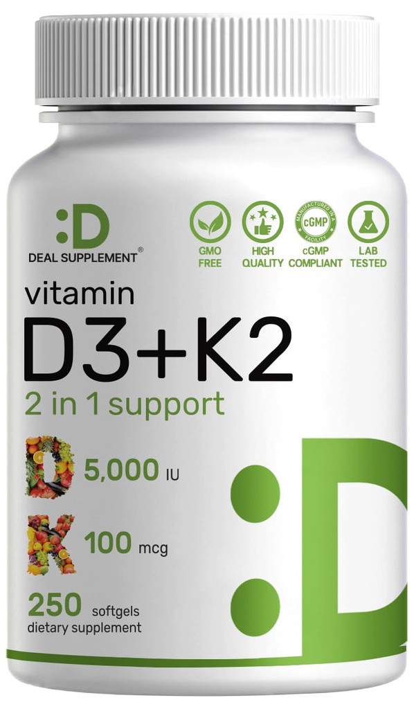ΑΛΗΘΙΝΗ ΣΥΜΠΛΗΡΩΜΑ Βιταμίνη D3 5.000 IU + K2 MK7 Softgels, 250 Count 