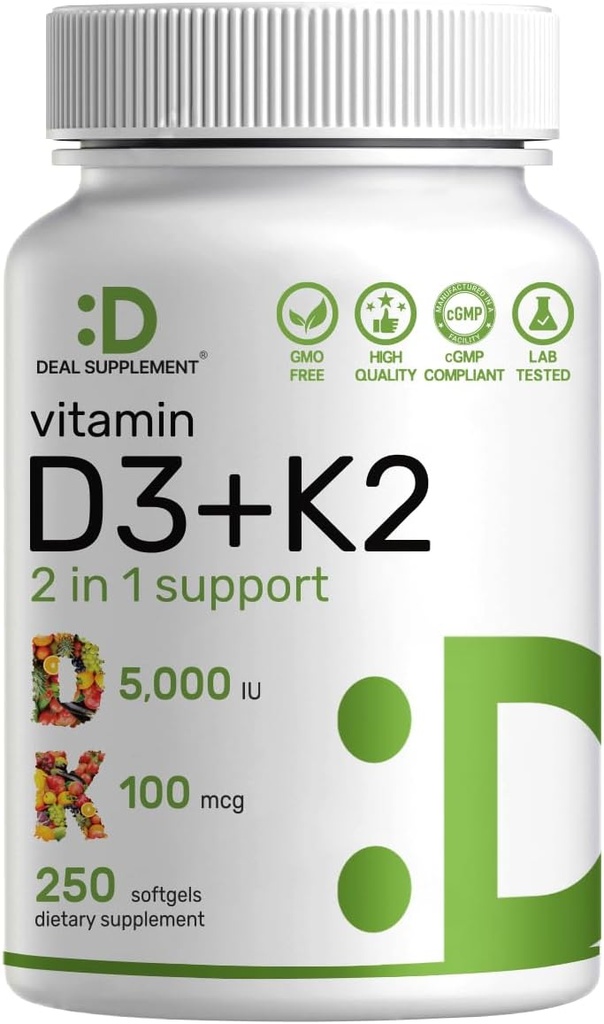 DEAL SUPPLEMENT Vitamin D3 5,000 IU + K2 MK7 Softgels, 250 Count | 2-in-1 Complex | Supports Heart, Bone, Teeth & Immune Health* | Easy to Swallow