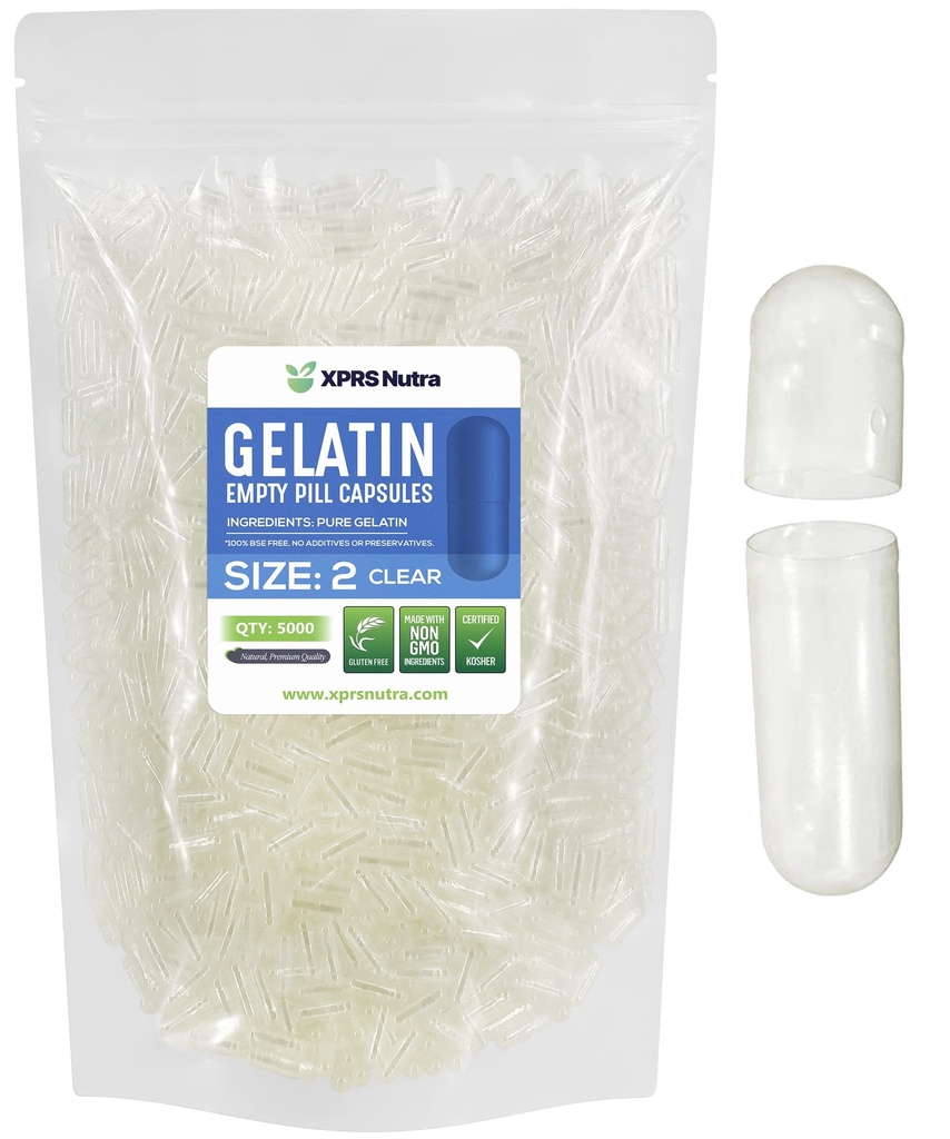 XPRS Nutra Μέγεθος 2 κενές κάψουλες - 5000 Count Clear Empty Gelatin Κάψουλες - Χάπια DIY Καψάκιο Γέμισμα - Καθαρά καπάκια τζελ Μπόβιν Χάπι για το Do-It-Yourself Συμπληρώματα