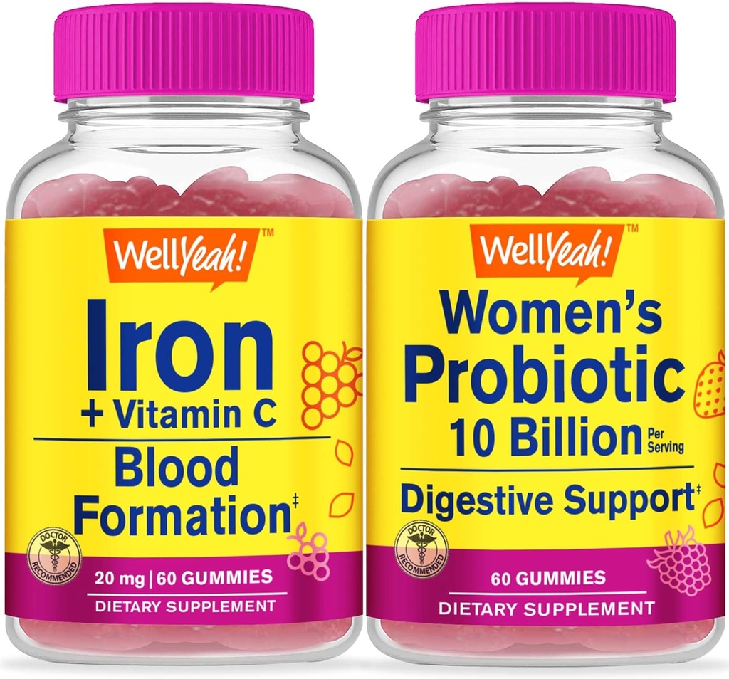 WellYeah Iron+Vitamin C + Probiotics Women 10B CFU, Gummies Bundle - Great Tasting, Vitamin Supplement, Gluten Free, GMO Free, Chewable Gummy