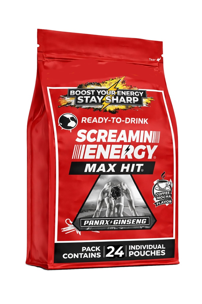 Screamin Energy Max Hit - Ενεργειακά σφηνάκια Extra Strength with Ginseng & Caffeine - 100% B-1, B-2, B-3, B-6, B-7 και B12 Coffee Mocha, 24 Count
