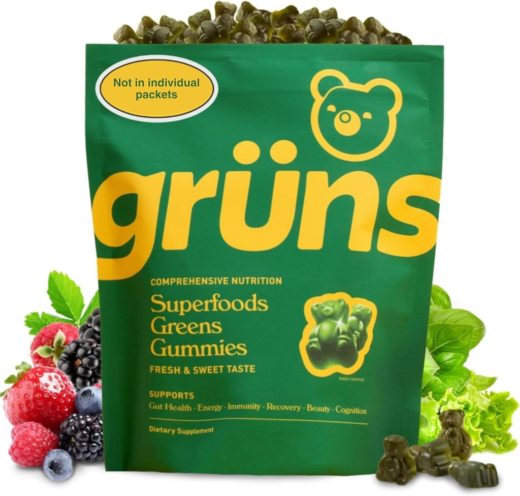 Gruns Adult Super Greens Gummies - Superfood Gummy Bears με Spirulina, Chlorella & Prebiotics για Digestive Health - Συμπλήρωμα προσαρμογών με 20 Βιταμίνες & Ορυκτά, Χαμηλή Ζάχαρη - 2-Εβδομάδα προσφοράς