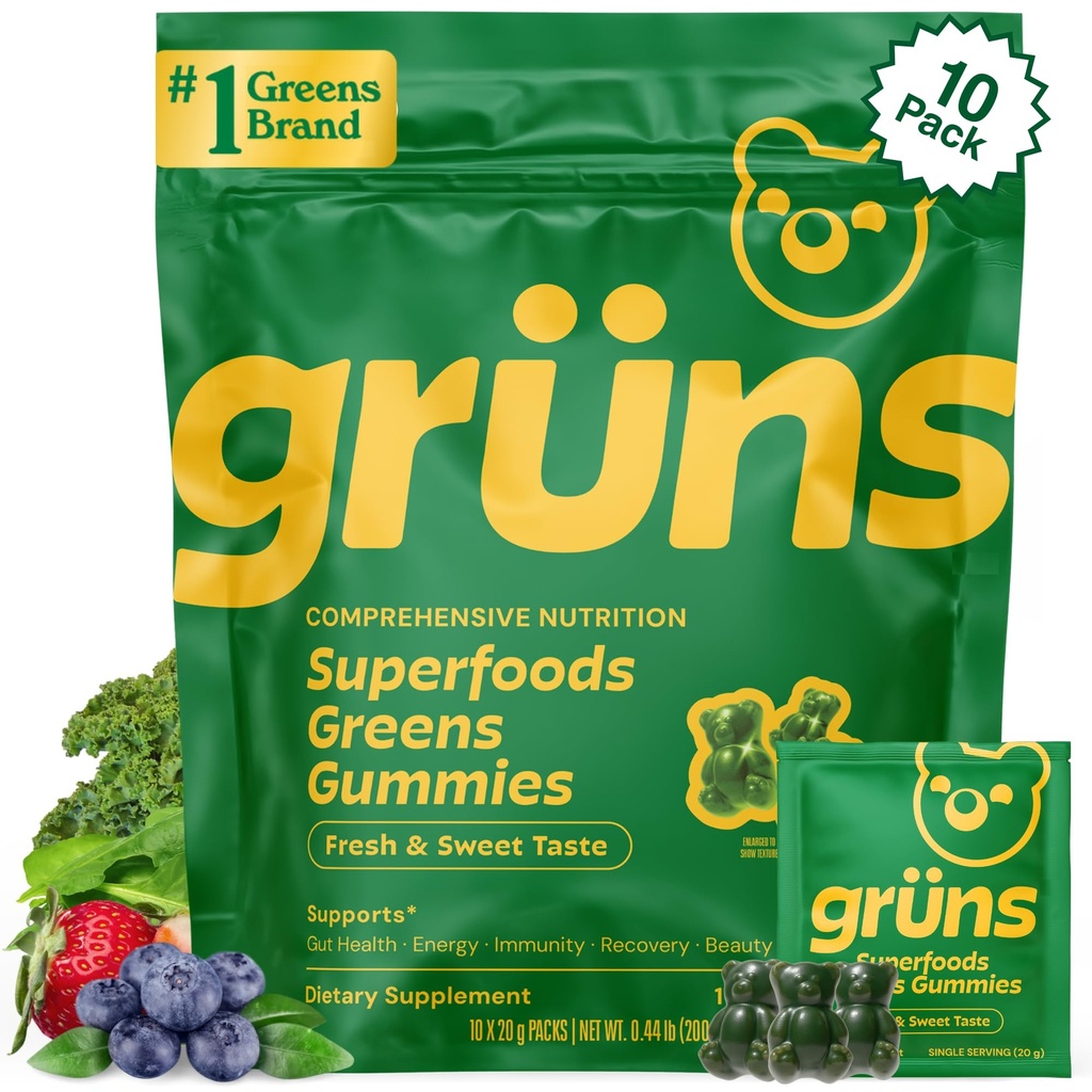 Gruns Adult Super Greens Gummies - Superfood Gummy Bears με Spirulina, Chlorella & Prebiotics για Digestive Health - Συμπλήρωμα προσαρμογών με 20 Βιταμίνες & Ορυκτά, Χαμηλή Ζάχαρη - 2-Εβδομάδα προσφοράς