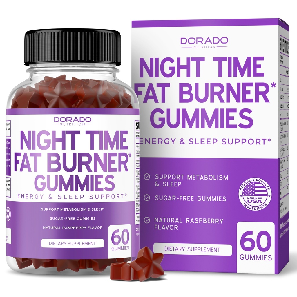 Night Time Fat Burner Gummies (60 Count) Weight Loss & Metabolism - Sugar-Free - Delicious Raspberry Flavored Melatonin Supplement Gummies - Vegan Safe - Third Party Tested - Made in USA