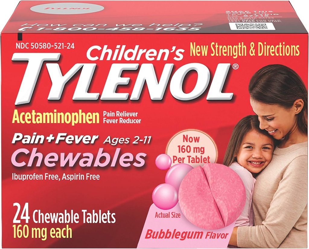 Παιδιά Tylenol μασώμενα, Acetaminophen για τον πόνο και τον πυρετό ανακούφιση, τσίχλα φυσαλίδων, 24 ct
