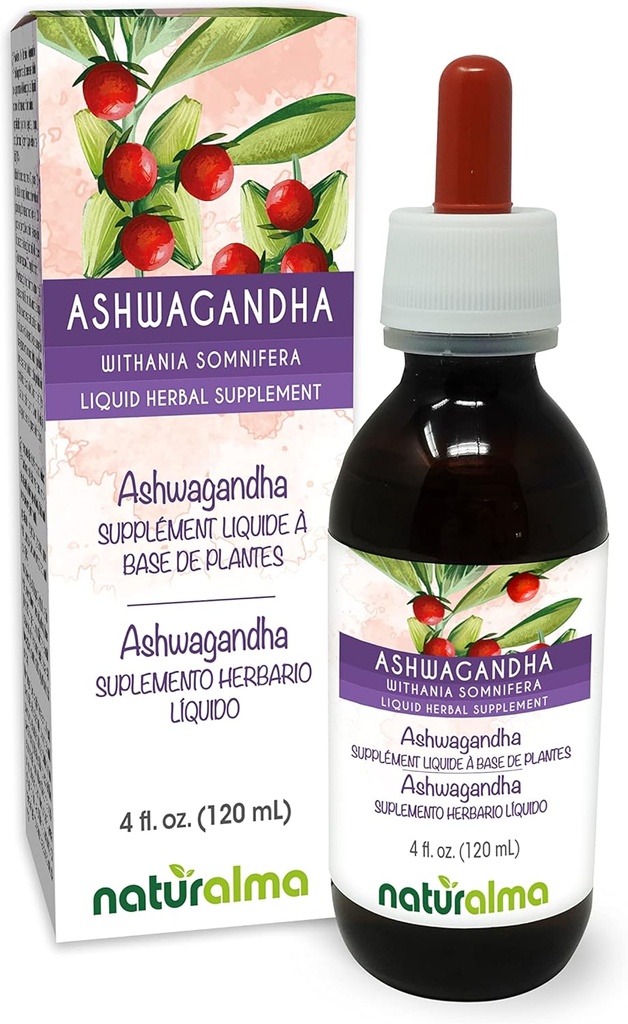 Naturalma Ashwagandha (Withania somnifera) Root Alcohol-Free Tincture - 4 fl oz Liquid Extract in Drops - Herbal Supplement - Vegan