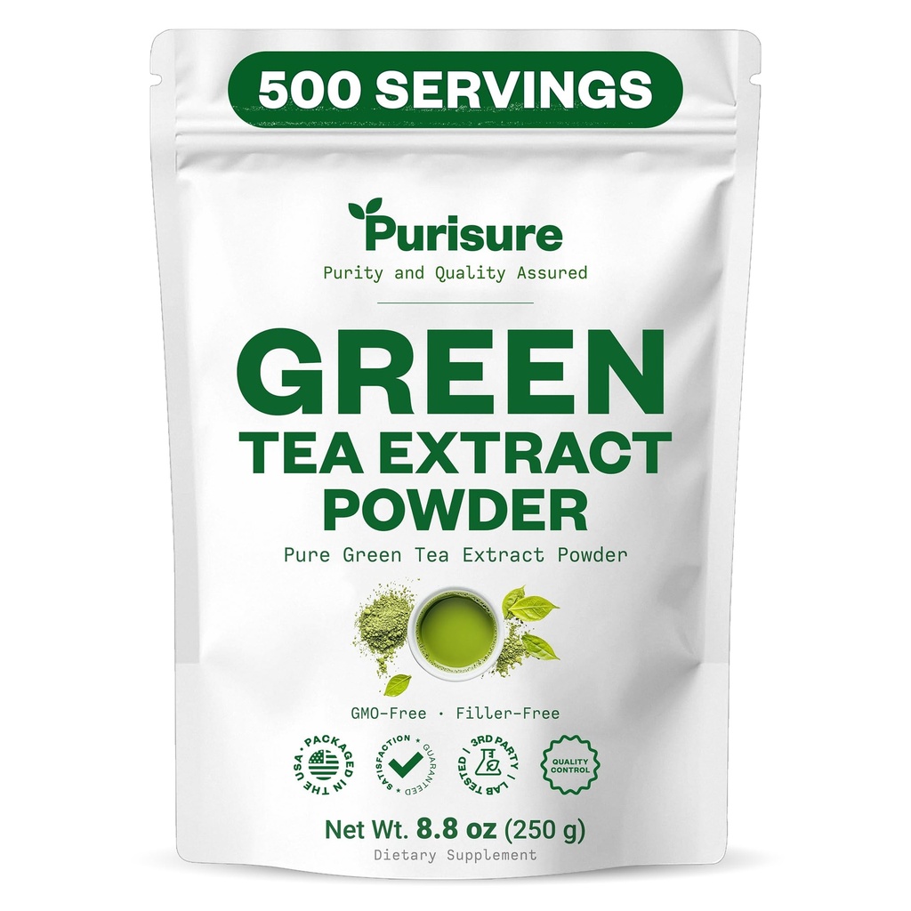 Purisure Green Tea Extract Powdered Tea from Premium Green Leaf Unsweetened Vegan Tea for Latte & Smoothie Recipe All-Natural Antioxidant Green Tea Powder with EGCG & Polyphenols 500 Servings