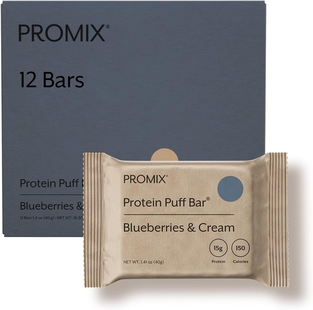 ProMix Pro Nutrition Protein Puff Bars - Μύρτιλλα & Κρέμα - Marshmallow Crispy Treat - Great Tasting & Healthy On The Go Snack - Υψηλή πρωτεΐνη & χαμηλή θερμίδα - Χωρίς γλουτένη, σόγια, & καλαμπόκι - 12 Bars