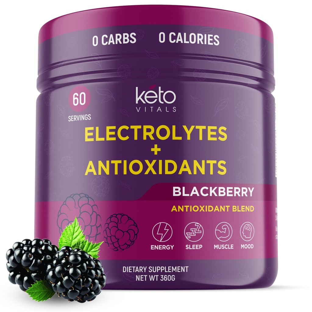 Keto Vitals Antioxidant Electrolytes Powder - Blend Keto Electrolytes με Κάλιο, Μαγνήσιο, Νάτριο, & Ασβέστιο - Όχι Ζάχαρη Ηλεκτρολυτικό Ποτό Mix & Hydration Powder, 60 Σερβιέτες, BlackBerry