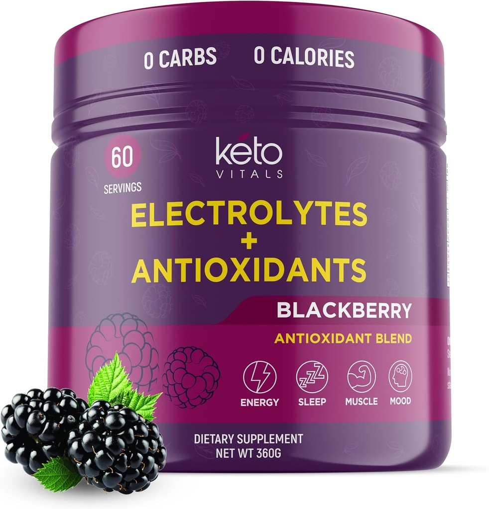 Keto Vitals Antioxidant Electrolytes Powder - Blend Keto Electrolytes με Κάλιο, Μαγνήσιο, Νάτριο, & Ασβέστιο - Όχι Ζάχαρη Ηλεκτρολυτικό Ποτό Mix & Hydration Powder, 60 Σερβιέτες, BlackBerry