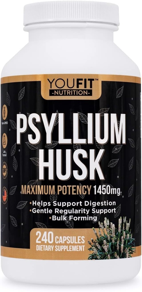 PSYLLIUM Husk Capsules - Premium Psyllium Fiber Supplement - Promotes Intestinal Health and Regularity - 100% Natural Soluble Fiber 1450mg Per Serving - 240 Capsules