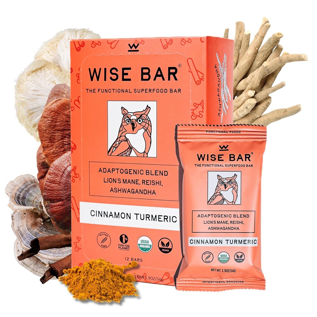 WISE BAR Adaptogen Mushroom Nutrition Bars with Reishi, Lions Mane & Ashwagandha, Organic Vegan & Gluten Free Snacks for Natural Focus, Energy & Innition Support, Cinnamon Turmeric Flavor, 12 Count