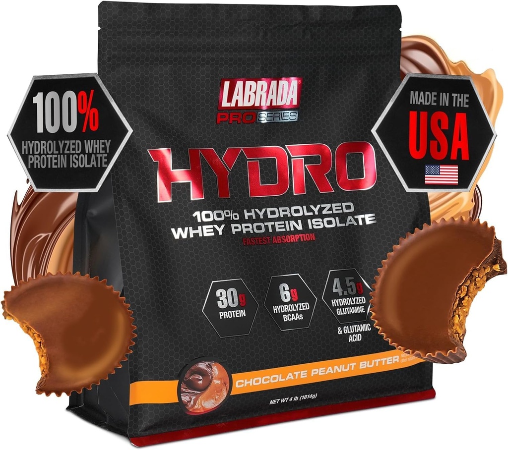LABRADA Hydro 100% Pure Hydrolyzed Whey Protein Isolate Powder, Lactose Free, Glutamine, Fastesting Whey Διαθέσιμο, Instant Mixing, Delicious Taste 45 μερίδες 4lb (Peanut Butter)