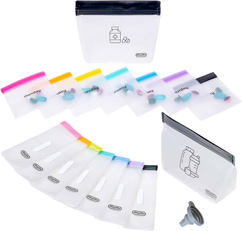 MUMI Ultimate Wellness Bundle - Pill Pouch Σετ και μία συσκευασία δόσης - 7pc Μίνι Τσάντες Χάπια με 1 μεγάλο Zipper Pouch και 7pc Συσκευασίες Συμπλήρωμα σκόνης με 1 μεγάλο Zipper Pouch