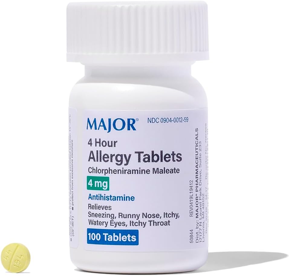 MAJOR 4 Mg Alergy Tablets - Chlorpheniramine Maleate 4- Hour Αλλεργική Ιατρική - Αντιισταμινικό για την ανακούφιση του φτάρνισμα, Ichy Watery Eyes, Ichy Throat, και Runny Nose - 100 Count (1 Pack)