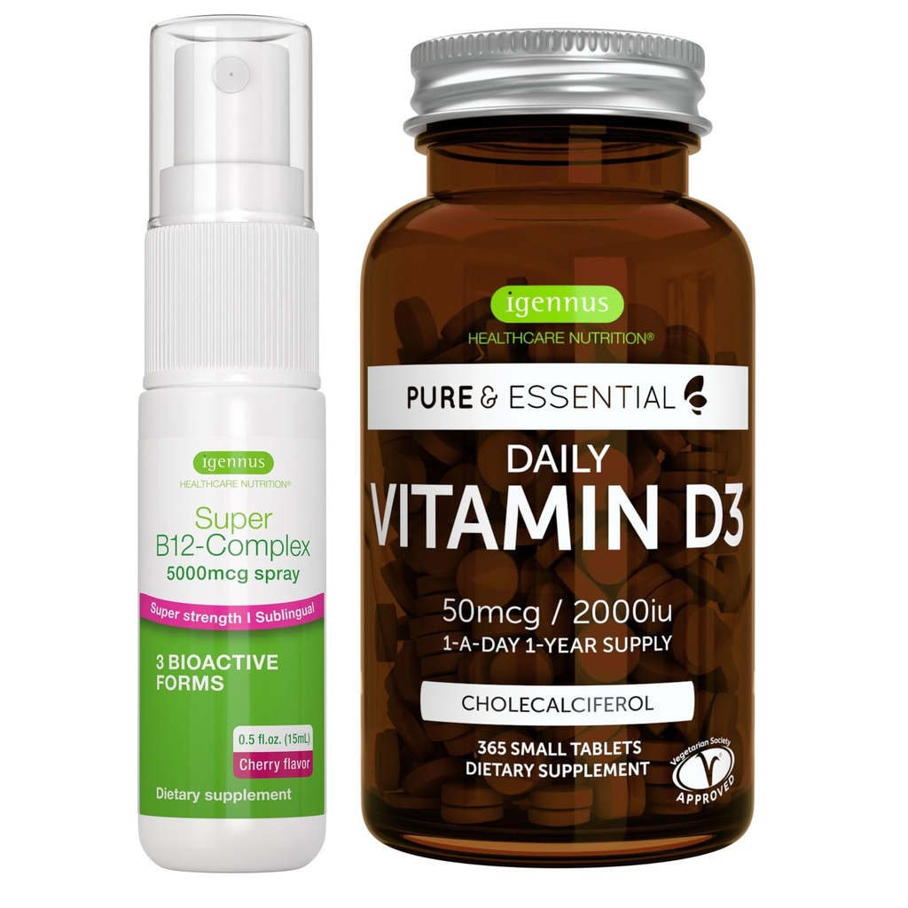 Καθημερινή βιταμίνη D3 + Super B12-Complex 5000mcg Χορτοφαγικό πακέτο, 365 2000iu Βιταμίνη D3 δισκία + Υψηλή δύναμη B12 Cherry Flavor Sublingual Spray, από Igenus