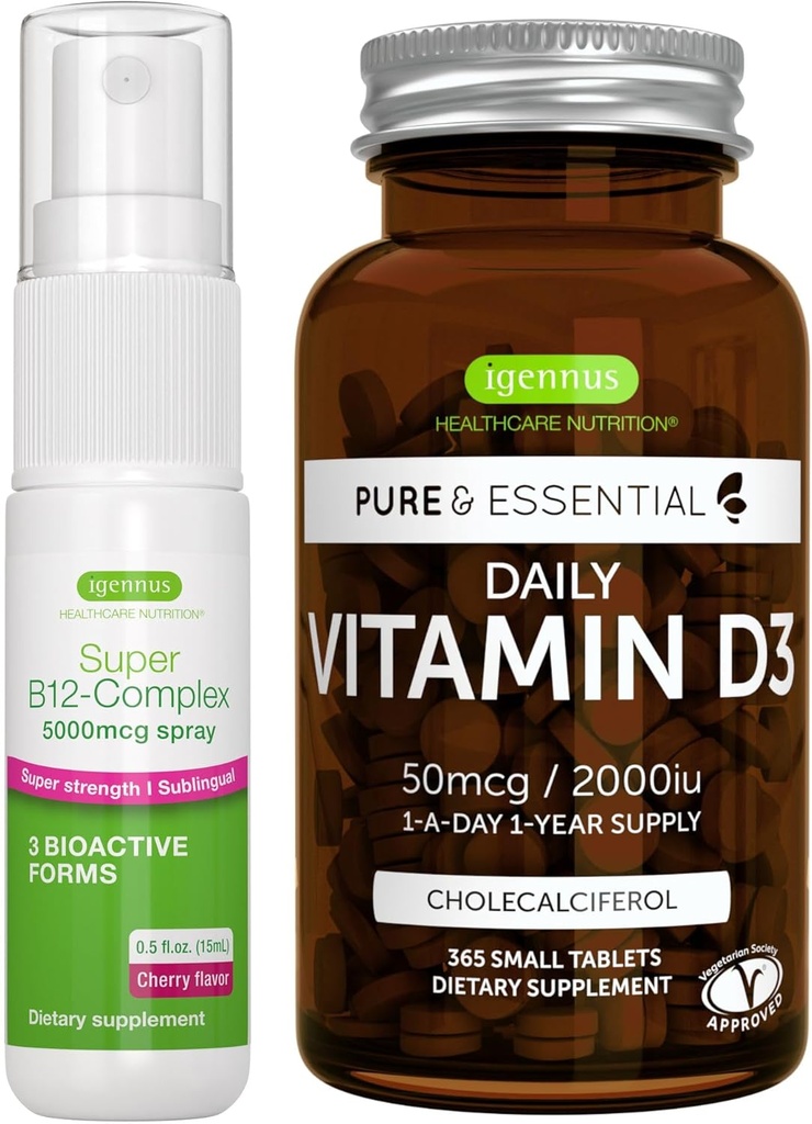 Καθημερινή βιταμίνη D3 + Super B12-Complex 5000mcg Χορτοφαγικό πακέτο, 365 2000iu Βιταμίνη D3 δισκία + Υψηλή δύναμη B12 Cherry Flavor Sublingual Spray, από Igenus