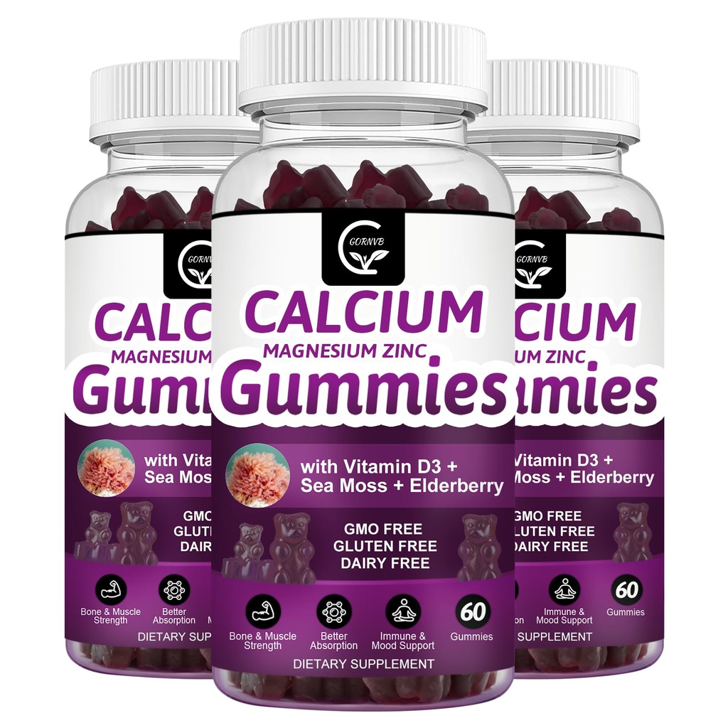 Calcium Magnesium Zinc Gummies with High Absorption Magnesium Glycinate 300mg, Potassium - Plant Complex Calcium Magnesium 2:1 Ratio, with D3 Sea Moss for Bone, Immune & Sleep Support, Vegan-2 Pack