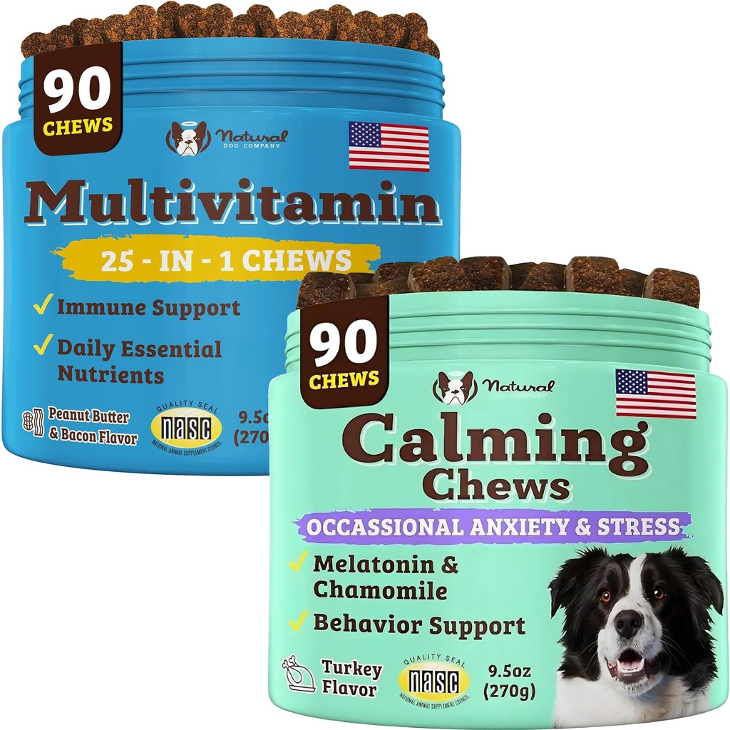 Natural Dog Company Multivitamin and Calming Supplement Bundle, Daily Nutrients and Farm Relief for Dogs, Υποστήριξη Κοινής Υγείας, Δέρμα & Coat, Μείωση του στρες από το θόρυβο & τα ταξίδια, Ουσιώδεις Βιταμίνες