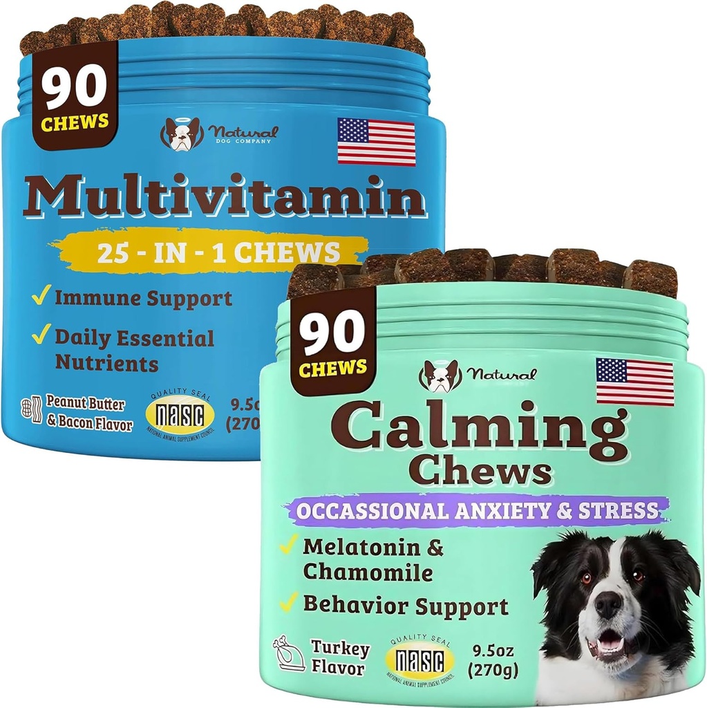 Natural Dog Company Multivitamin and Calming Supplement Bundle, Daily Nutrients and Farm Relief for Dogs, Υποστήριξη Κοινής Υγείας, Δέρμα & Coat, Μείωση του στρες από το θόρυβο & τα ταξίδια, Ουσιώδεις Βιταμίνες