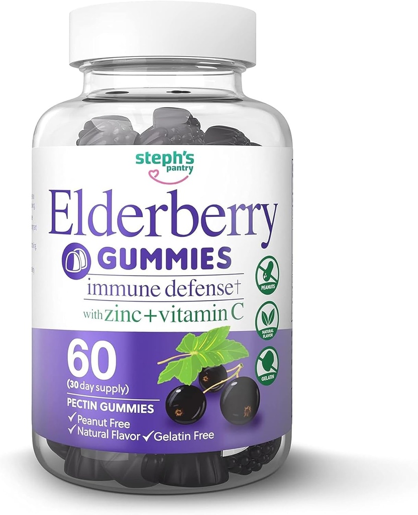 Gummys Elderberry με βιταμίνη C και ψευδάργυρο - ανοσοενισχυτικό Gummys Elderberry για ενήλικες και παιδιά - Vegan φυσικά συστατικά Άμυνας πολυβιταμίνες με αντιοξειδωτική υποστήριξη (60 Gummies)