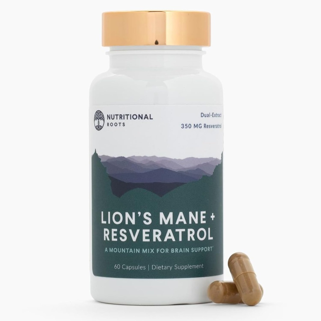 Διατροφικές Ρίζες - Lion’s Mane + Resveratrol - Με 800mg Mane Εκχύλισμα Lion & 350mg Trans-Resveratrol Per Serving - Υποστηρίζει τον εγκέφαλο & την καρδιά Υγεία - Συμπλήρωμα διατροφής - 1 μήνας προσφοράς - 60 κάψουλες