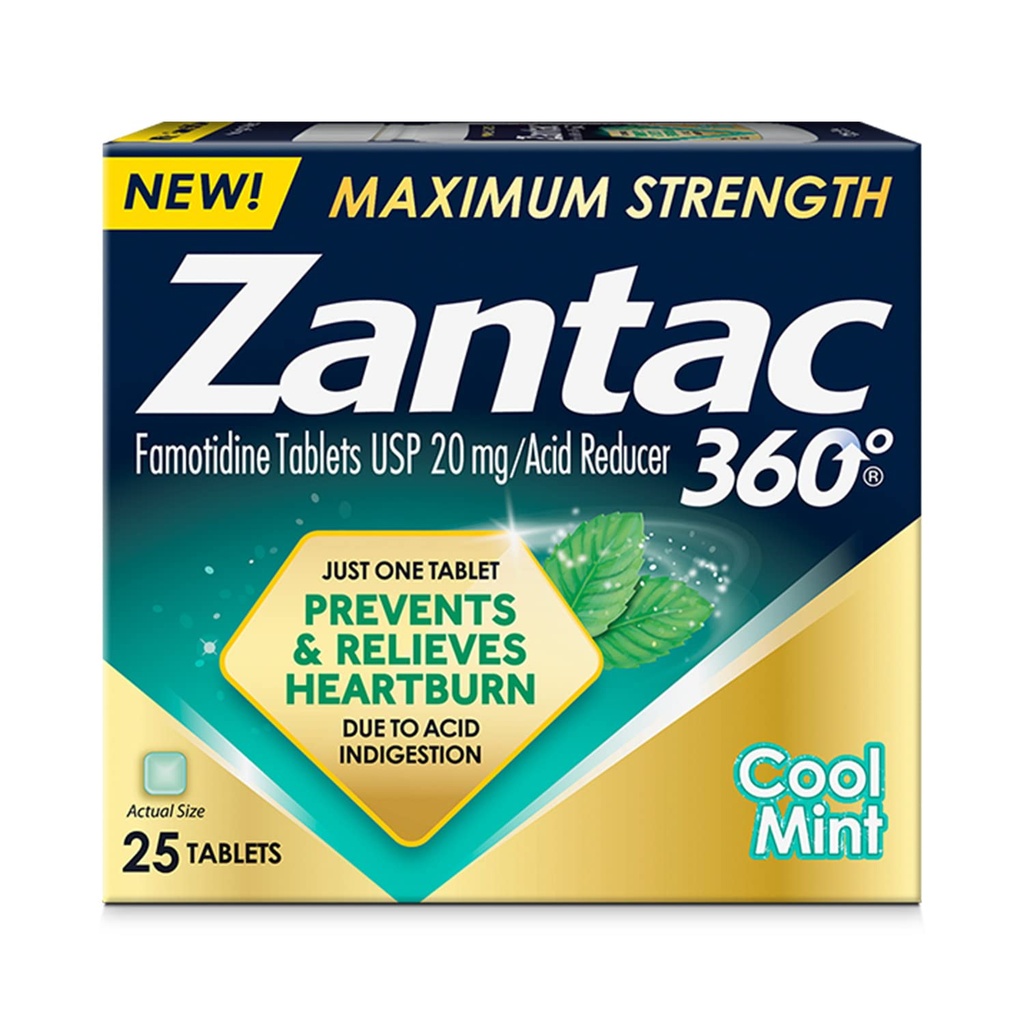 Zantac 360 Μέγιστη δύναμη, δροσερή μέντας, 25 Count, Heartburn Prevention & Relief, 20 mg δισκία