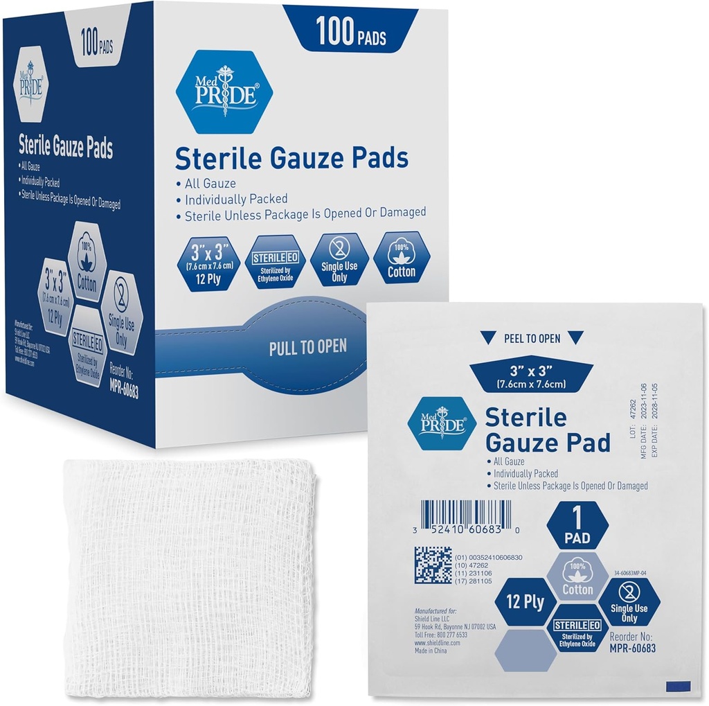 MED PRIDE Αποστειρωμένο Gauze Dressing Pads, 12 Ply Απορροφητικό Βαμβάκι, μεμονωμένα τυλιγμένο, μη ραβδί, Ανώδυνη αφαίρεση (3x3 Inch (Pack of 100))