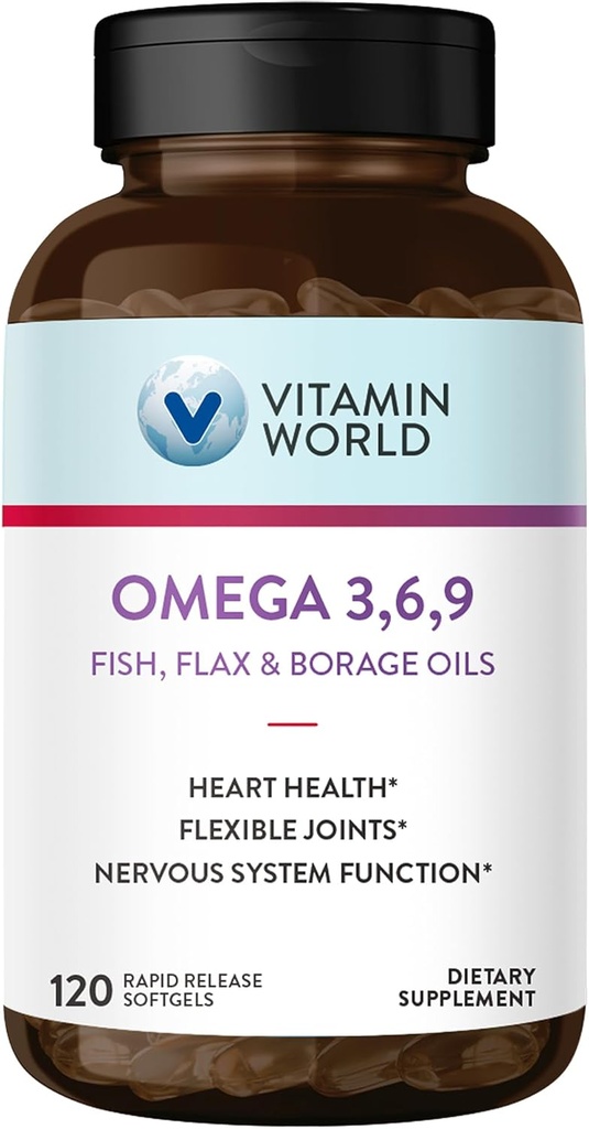 Βιταμίνη Κόσμος Τρίκλινο Ωμέγα 3-6-9 3000mg με ψάρια, flax, Borage & Evening Primrose Oils, Ωμέγα-3 λιπαρά οξέα με EPA & DHA, Υποστηρίζει την καρδιά, τον εγκέφαλο & ανοσοποιητικό υγεία, χωρίς γλουτένη, 120 Softgels