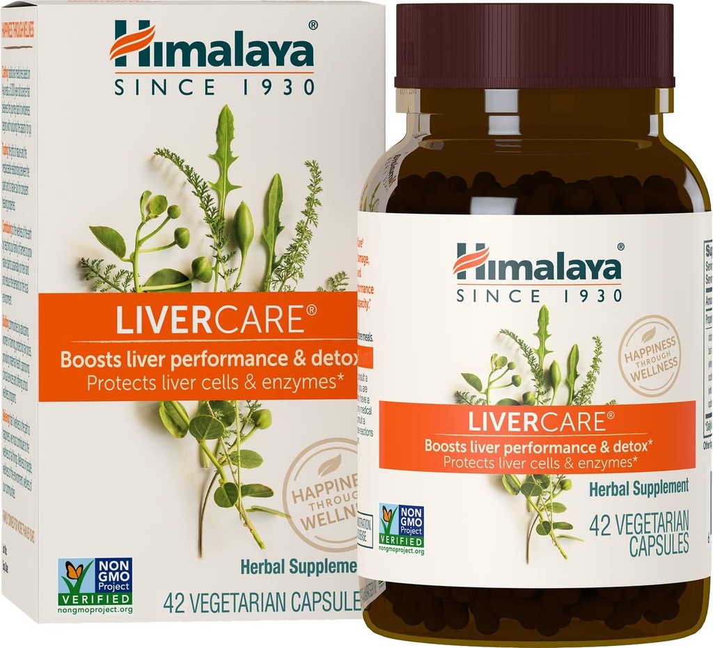 Himalaya LiverCare - Βότανο Ηπατική Υποστήριξη Προώθηση της Αποβολής των Αποβλήτων, Καθαρισμός του Ηπατικού, Αποτοξίνωση, και Παραγωγή Βεγκανικών, Μη ΓΤΟ, Χωρίς Γλουτένη, 375 mg, 42 Κάψουλες