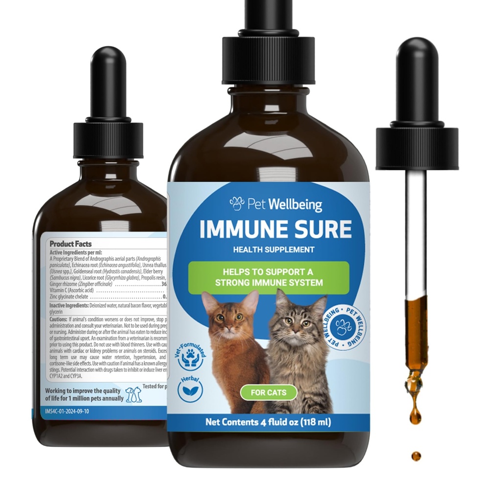 Pet Wellbeing Immune Sure for Cats - Υποστηρίζει τις φυσιολογικές ανοσολογικές άμυνες, Υπόλοιπο χλωρίδας, Ανδρογραφία, εχινάκεια, Βιταμίνη C, Ψευδάργυρος - Κτηνιατρικό-Σχηματισμένο συμπλήρωμα βοτάνων 4 oz (118 ml)