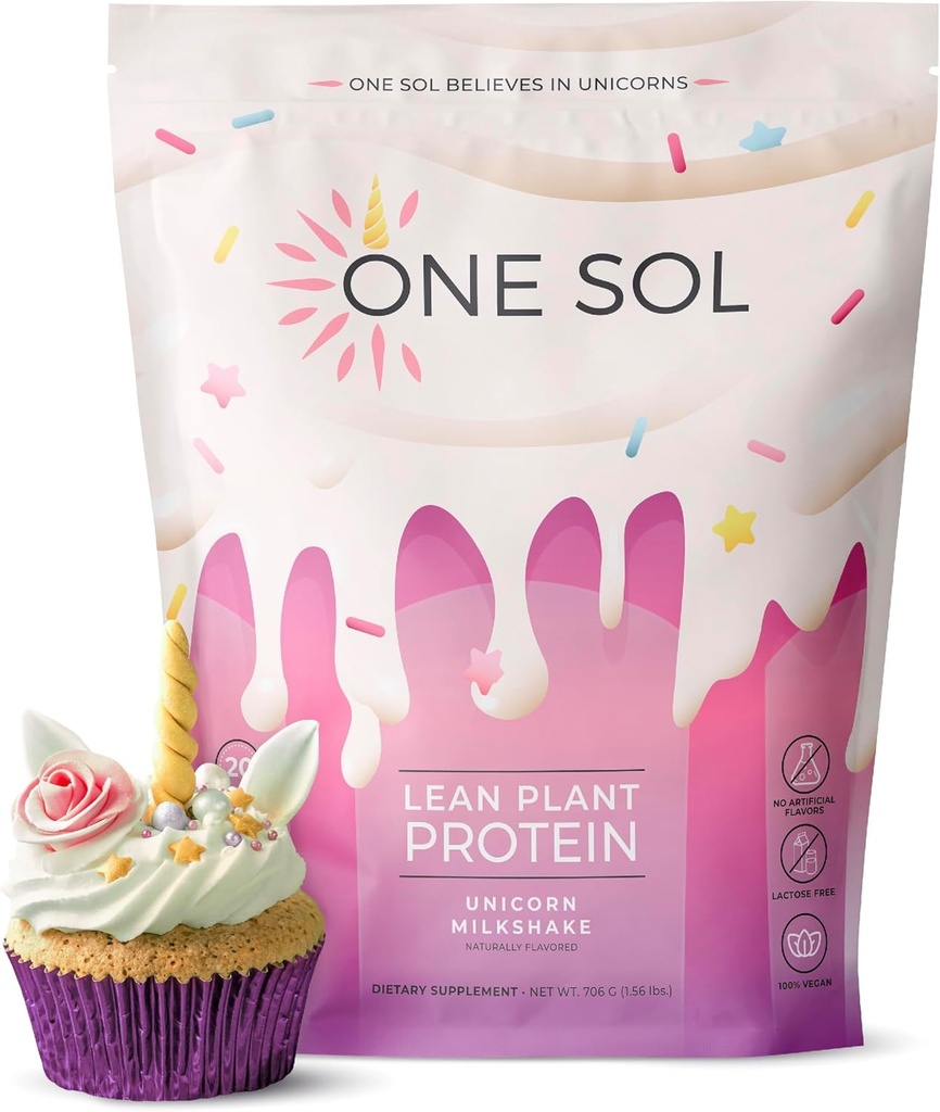 One Sol Lean Plant Based Protein Powder, Pea & Brown Rice Protein, Low Carb, Vegan Friendly - Γλουτένη, Λακτόζη, & Χωρίς σόγια - Όχι Προστιθέμενη Ζάχαρη, Μη ΓΤΟ, Καθαρή Διατροφή, Χωρίς Μπλόφα (Unicorn Milkshake)