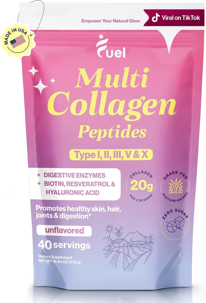 Καύσιμα Multi Collagen Peptides σκόνη – 20g Hydrolyzed Collagen I, II, III, V & X για τα μαλλιά, δέρμα, νύχια & κοινή υποστήριξη – Καλύτερη απορρόφηση – Keto & χωρίς γλουτένη, χωρίς γεύση 9.31oz