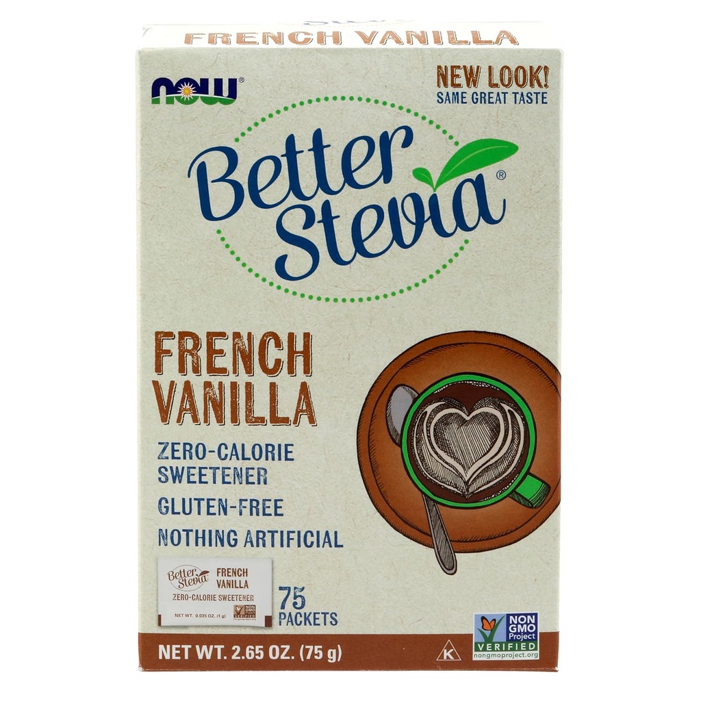NOW Foods, BetterStevia French Vanilla Granulated Packets Zero-Calorie Sweetener, Keto Friendly, Κατάλληλο για Διαβητικούς, No Erythritol 75 Count