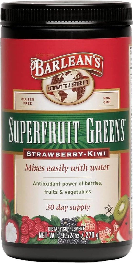 Barlean's Superfruit Greens σκόνη με αντιοξειδωτική δύναμη των μούρων, φρούτων και λαχανικών – Φράουλα Kiwi Flavor - Vegan, μη ΓΤΟ, Γλουτένη-ελεύθερο - 9,52 oz