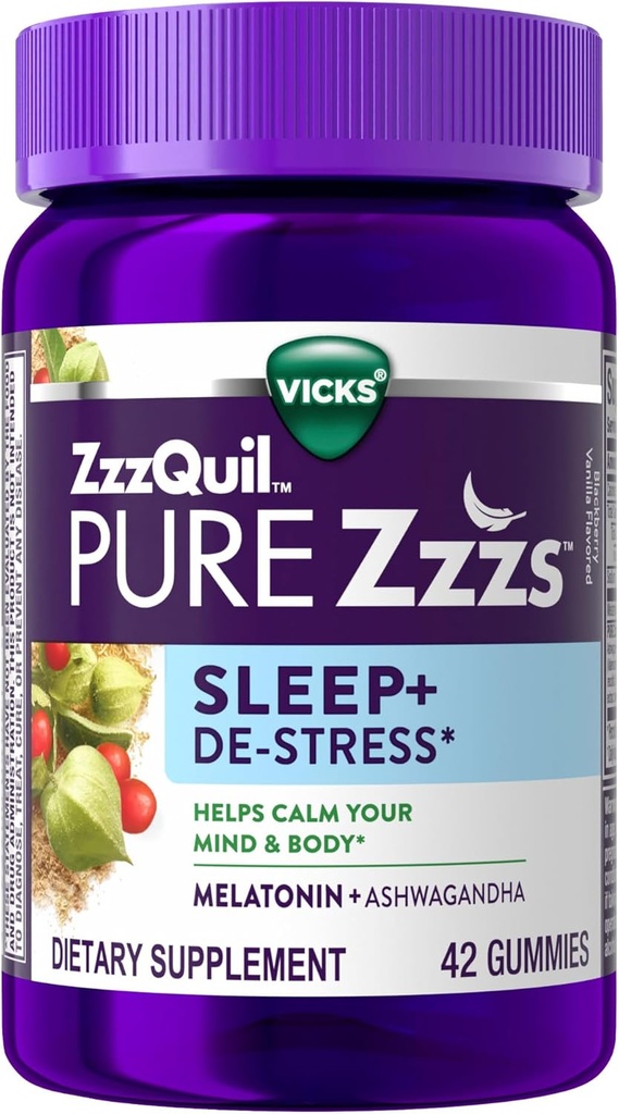 ZzzQuil PURE Zzzs De-Stress Μελατονίνη Gummies Sleep Aid, Helps Calm Your Mind and Body, Ashwagandha for Stress Support, Sleep Aids for Adults, 1 mg per gummy, 42 Count