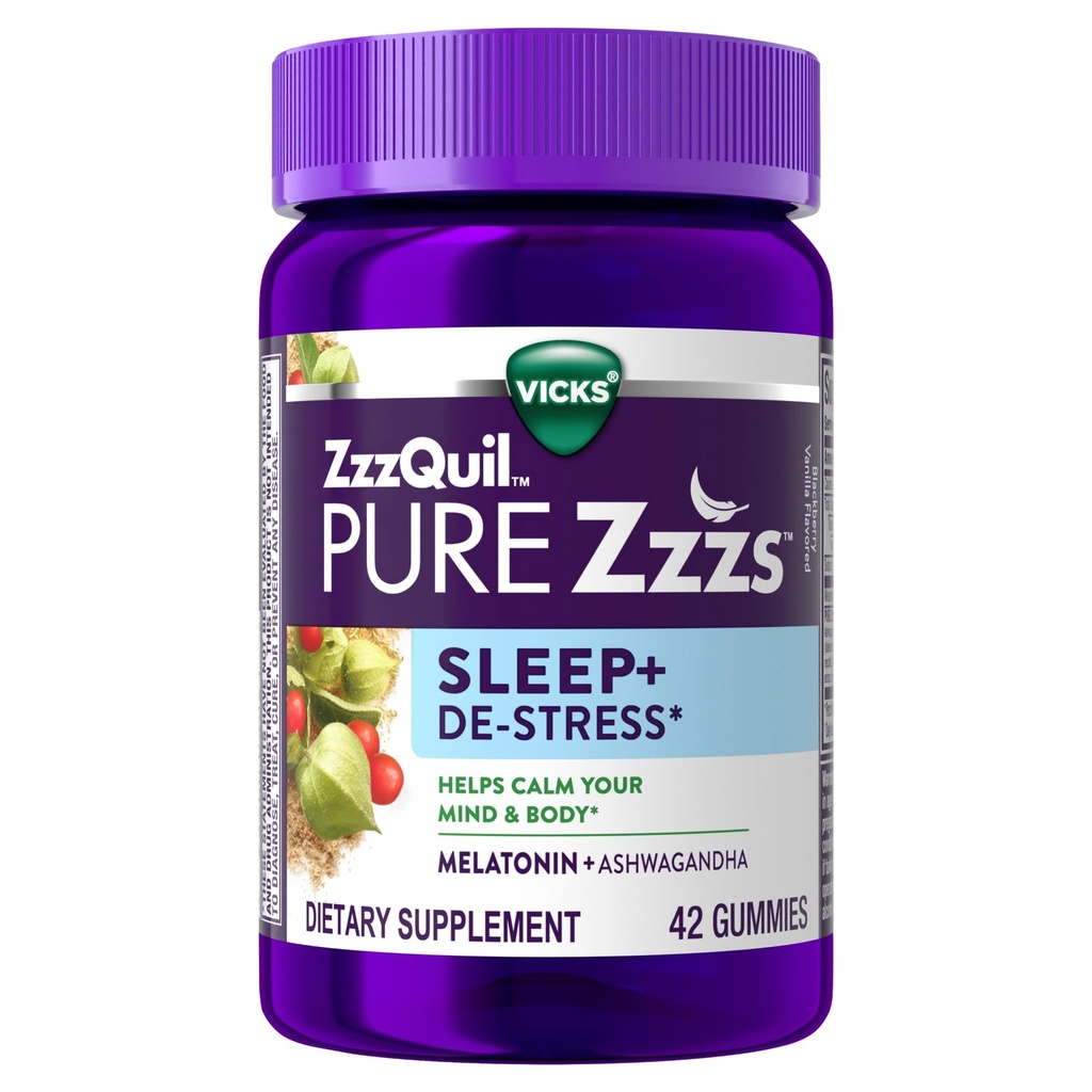 ZzzQuil PURE Zzzs De-Stress Μελατονίνη Gummies Sleep Aid, Helps Calm Your Mind and Body, Ashwagandha for Stress Support, Sleep Aids for Adults, 1 mg per gummy, 42 Count