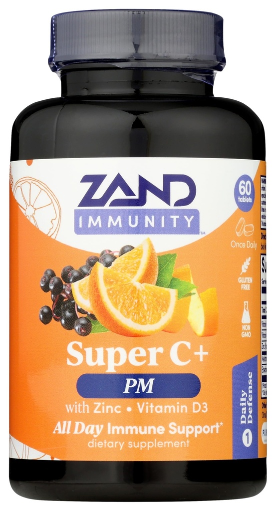Zand Immunity Super C+ PM, Νυχτερινή Ανοσολογική Υποστήριξη Plus Μελατονίνη, 1000mg PureWay-C Βιταμίνη C, Ψευδάργυρος, D3 & Elderberry, Ενισχυμένη Απορρόφηση - 60 δισκία, 30 Σερβιέτες