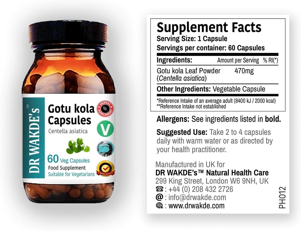 Κάψουλες DR WAKDE'S Gotu kola (Mandukparni, Centella asciatia, 60 Veg Caps, Plant-based Supplement, Ayurvedic Herb, All Natural, Vegan)